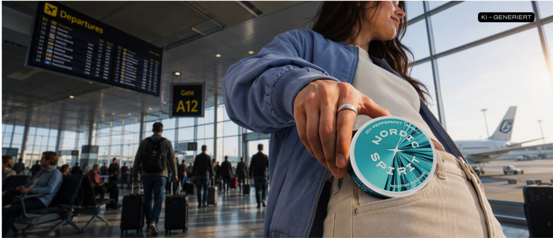 Frau am Flughafen mit Nordic Spirit Dose in der Hand
