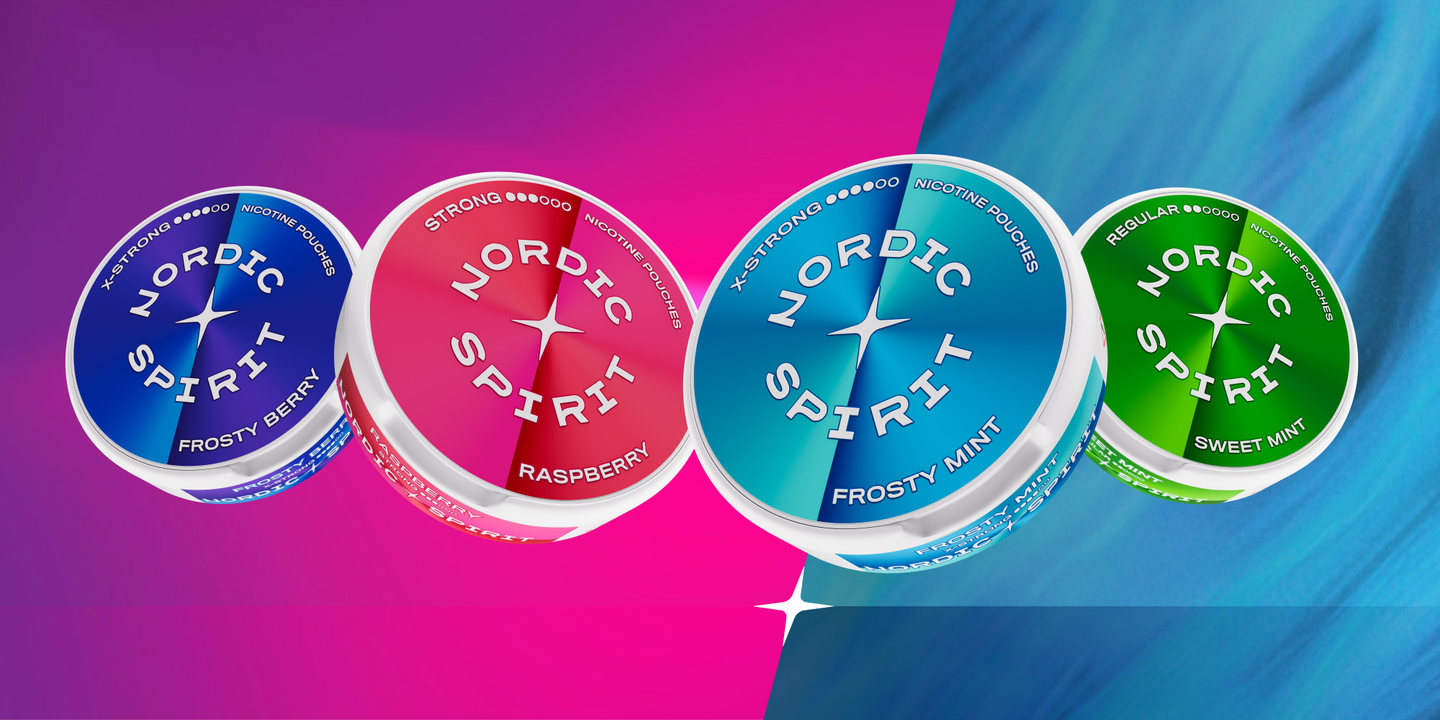 Vier Nordic Spirit Nikotinbeutel-Dosen (Frosty Berry, Raspberry, Frosty Mint und Sweet Mint) in Blau, Rot und Grün, nebeneinander aufgestellt.