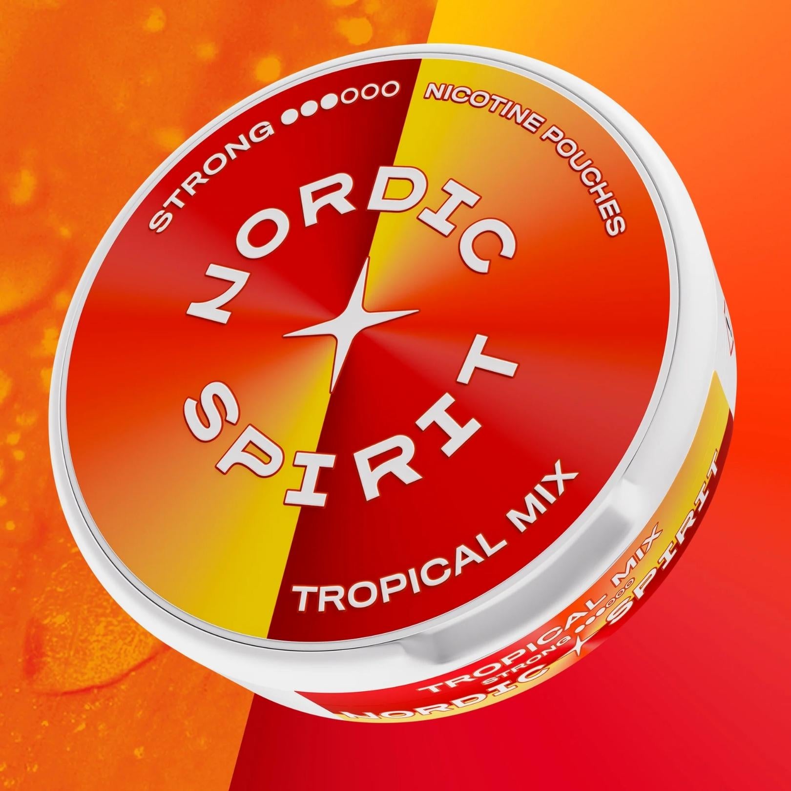 Eine Dose Nordic Spirit Tropical Mix vor orangem Hintergrund