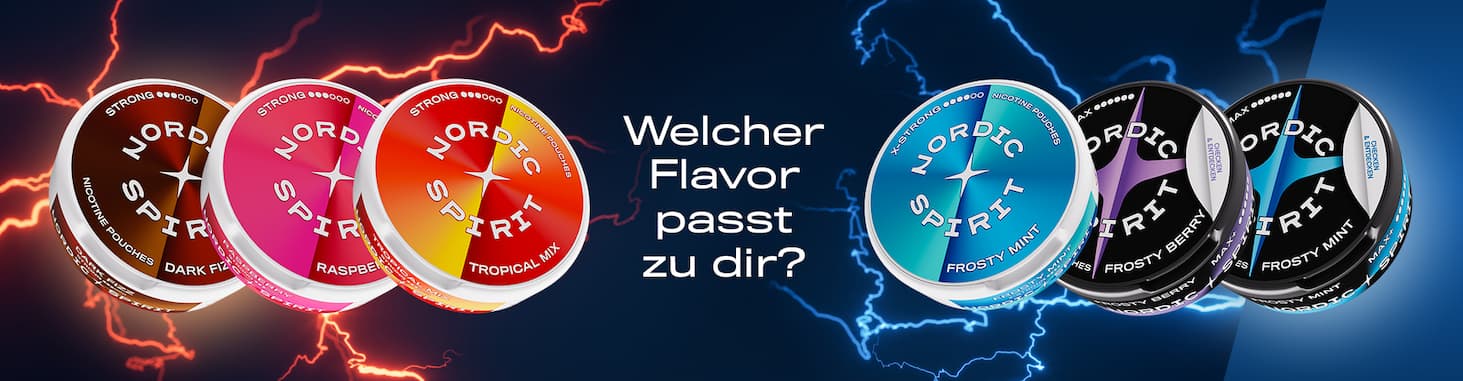 Übersicht der Nordic Spirit Nikotinbeutel Flavors: Dark Fizz, Raspberry, Tropical Mix, Frosty Mint und Frosty Berry mit der Frage ‚Welcher Flavor passt zu dir?‘