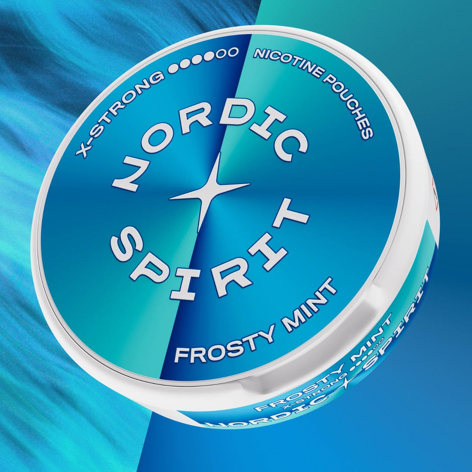 Eine Dose Nordic Spirit Frosty Mint vor eisblauem Hintergrund