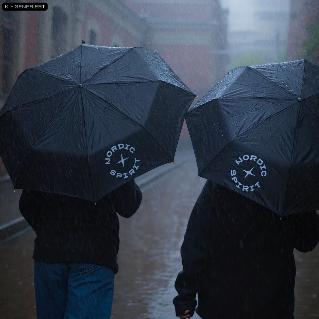 Zwei schwarze Regenschirme mit Nordic Spirit Logo im starken Regen.