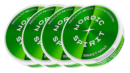 Vier Dosen Nordic Spirit Nikotinbeutel der Sorte "Sweet Mint". (Regular)