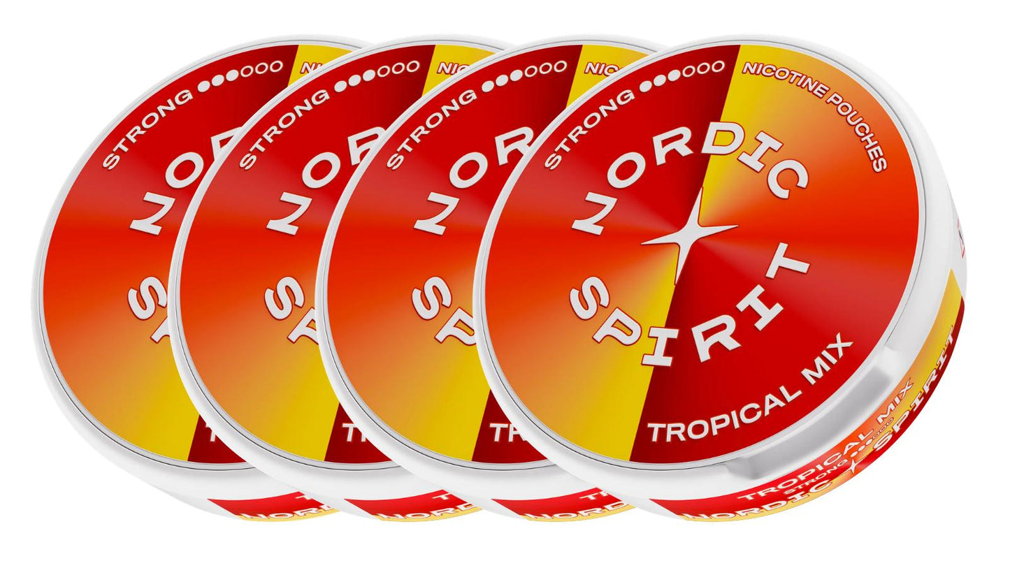 Vier Dosen Nordic Spirit „Tropical Mix“ Nikotinbeutel (Stärke: Strong)