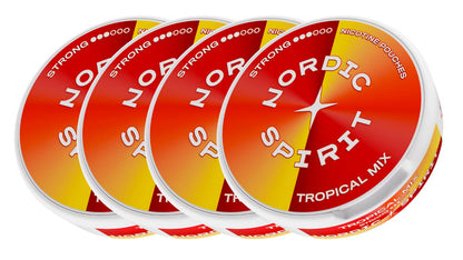 Vier Dosen Nordic Spirit „Tropical Mix“ Nikotinbeutel (Stärke: Strong)